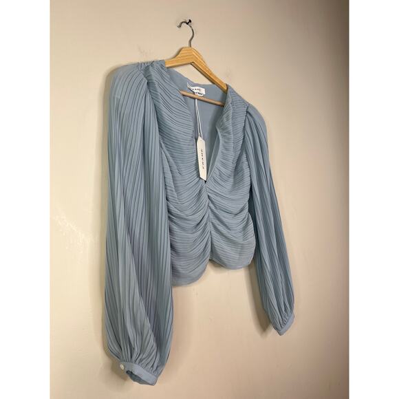 NWT Frame Pleated Billow Sleeve V-Neck Long Sleeve Blouse Top Chambray Blue - Picture 3 of 8